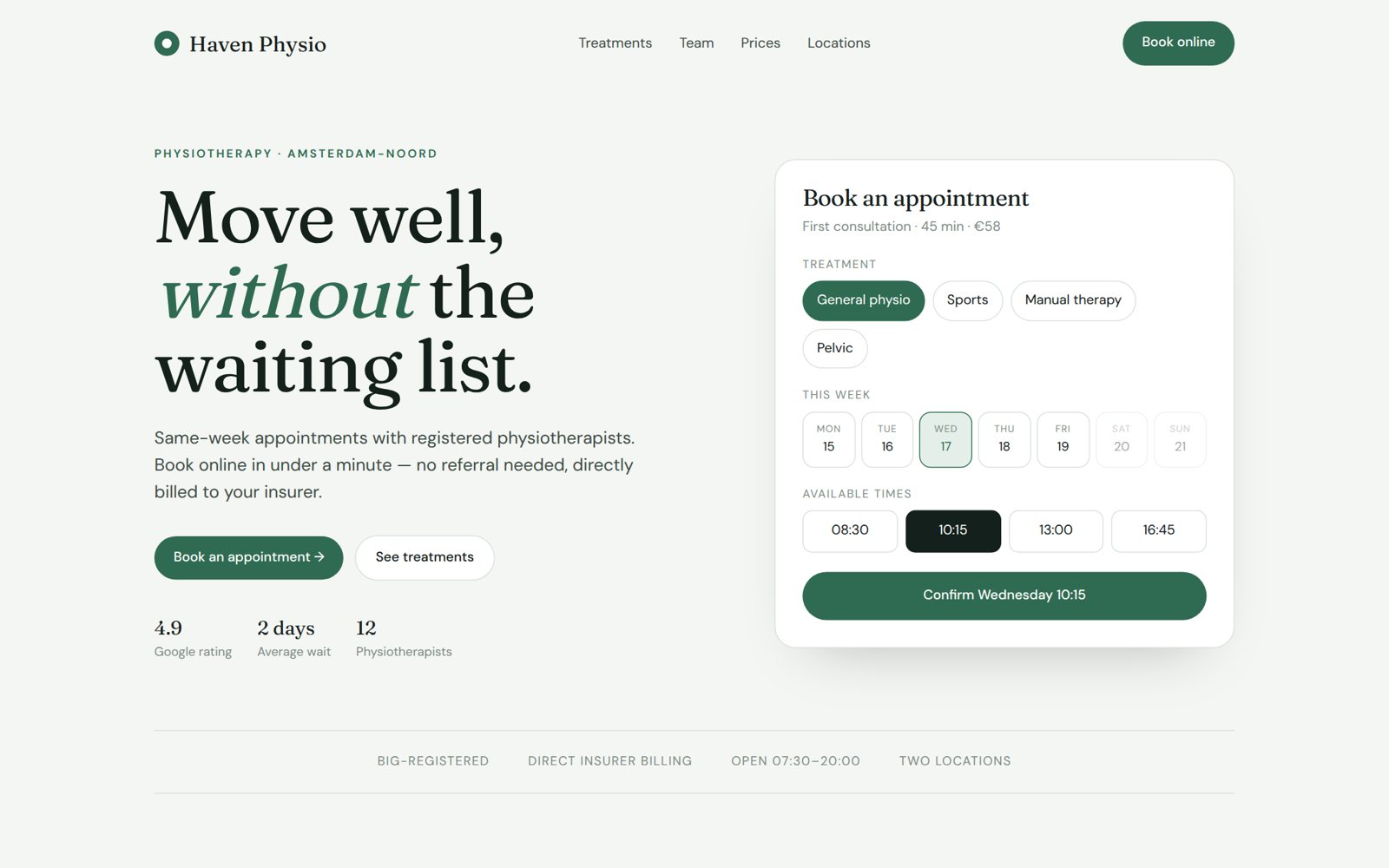Haven Physio concept homepage
